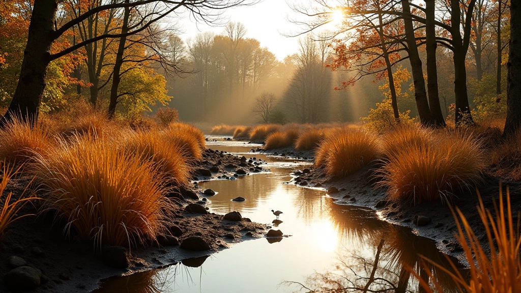 Autumn turlough partially filled with water, brown and golden vegetation on banks, autumn foliage colors