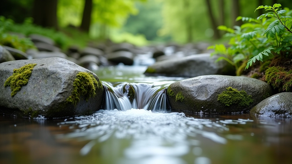 Close-up of clear spring water flowing over smooth weathered stones with ferns growing nearby