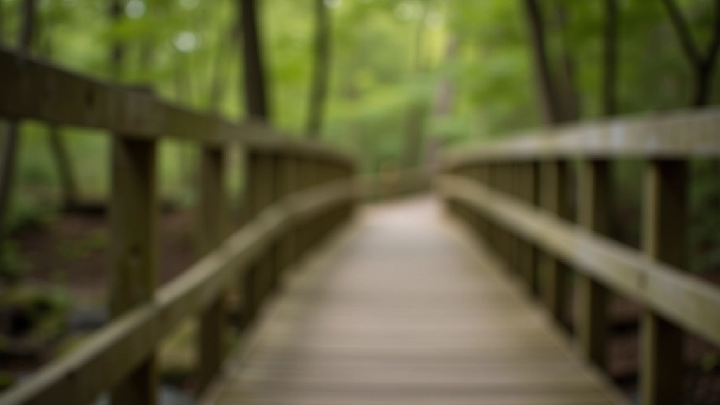 Wooden boardwalk railings close-up showing weathered timber texture and sturdy construction, outdoor woodland setting