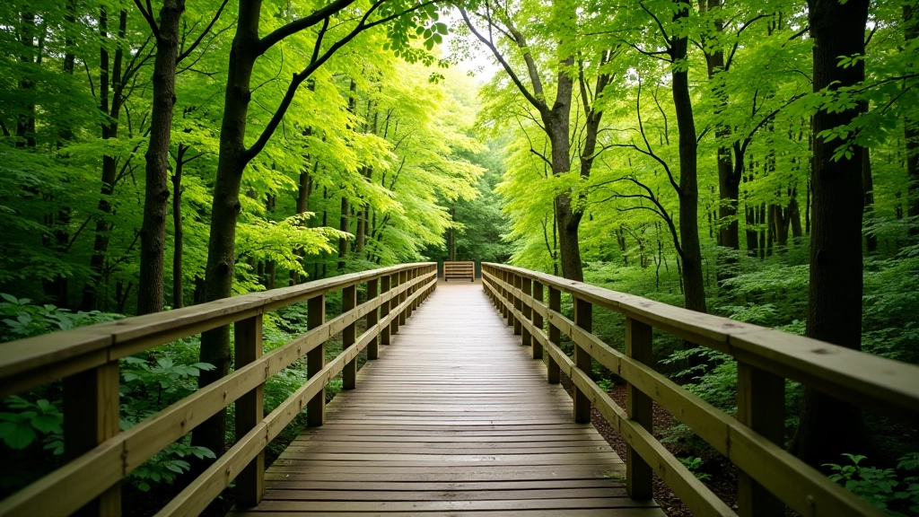 Wooden boardwalk stretching through hazel woodland with rest bench visible in distance, dappled sunlight
