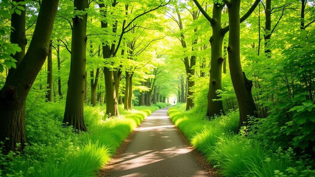 Hazel woodland in spring showing fresh green leaves emerging on branches, sunlight dappling the boardwalk path