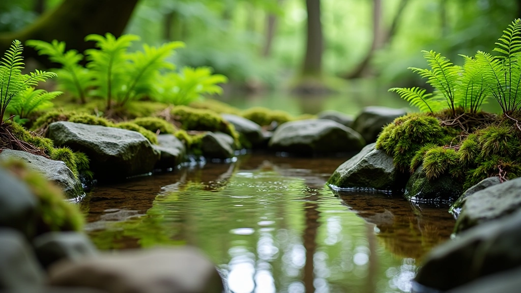 Close-up of spring well water source in woodland setting with stones and natural vegetation surrounding it