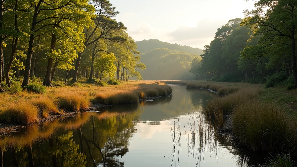 Serene turlough shoreline with native wetland plants and calm water reflecting sky
