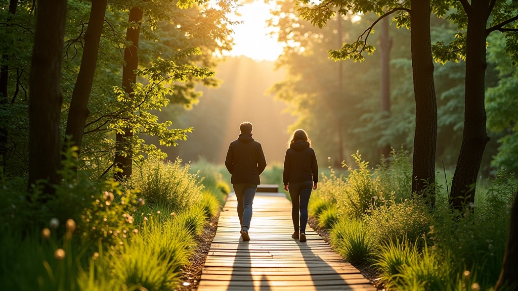 Couple walking together on woodland boardwalk with rest bench visible ahead, peaceful morning atmosphere with soft light