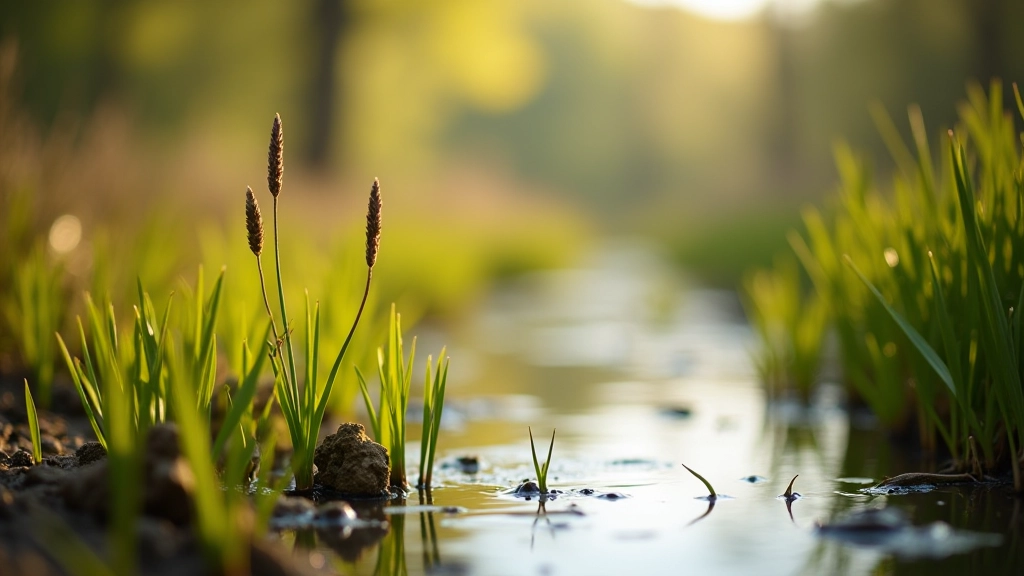 Close-up view of turlough shoreline vegetation in spring with green growth and water's edge