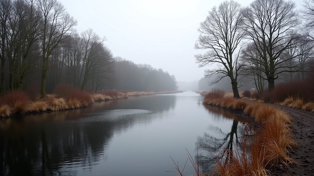 Winter turlough filled with water, bare trees reflected in still surface, overcast sky