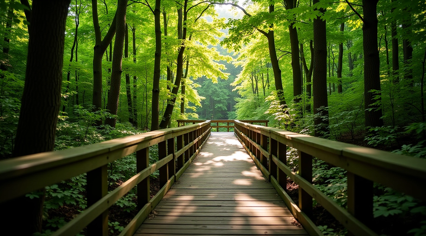 Wooden boardwalk path winding through hazel trees with dappled sunlight filtering through leaves