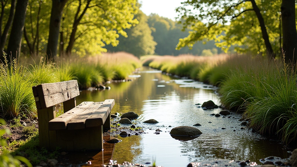Woodland trail showing seasonal water pooling with rest bench positioned nearby overlooking the turlough landscape